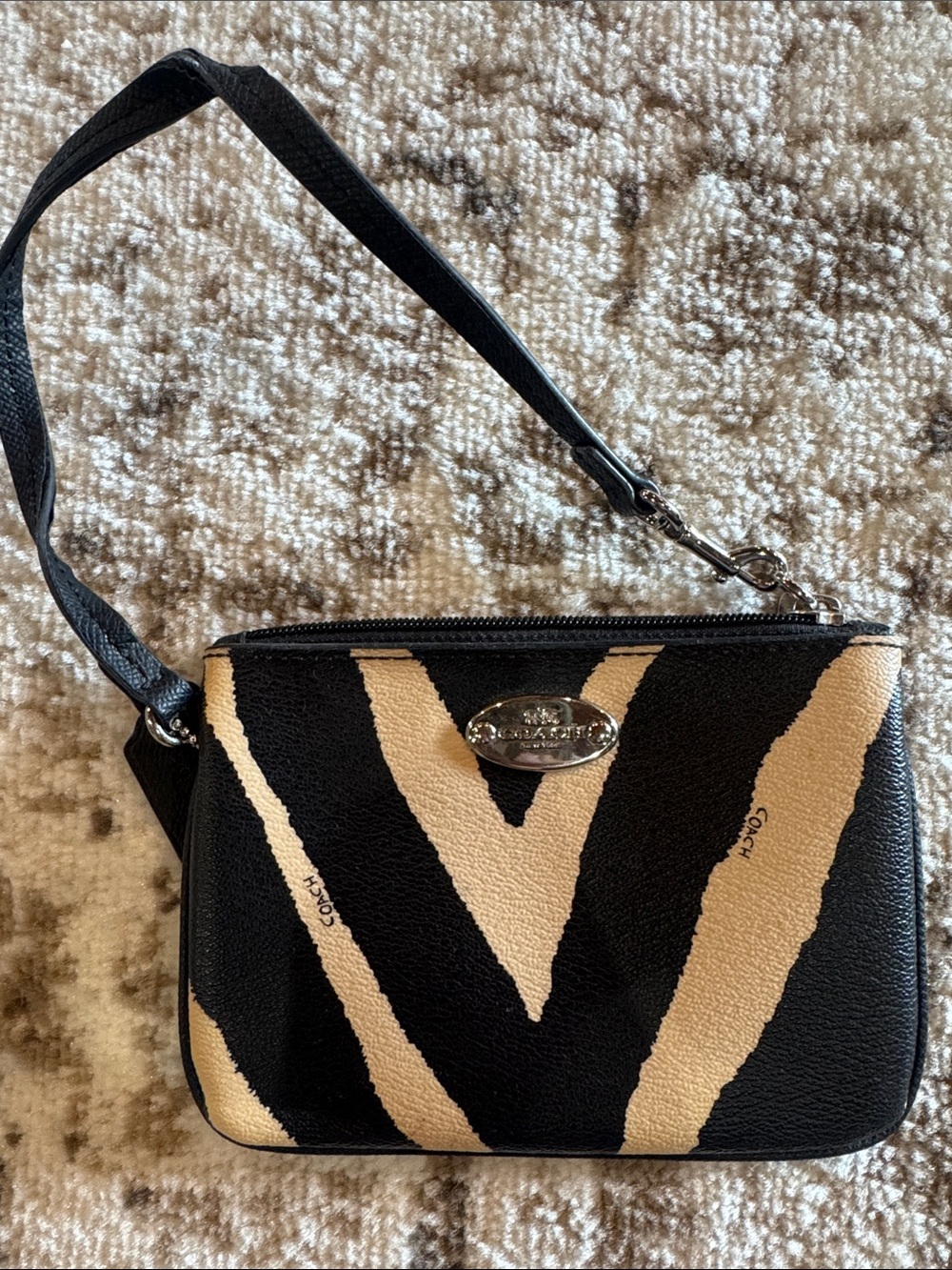 Coach Black and Cream Striped Wristlet Pouch